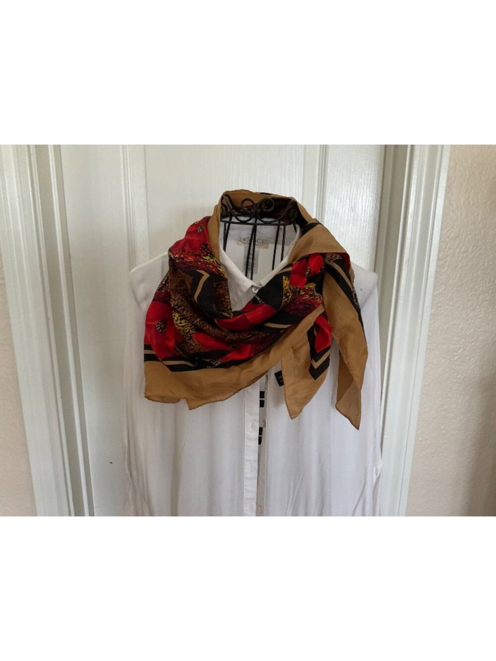 Vintage The Specialty House 100% Silk Scarf Black Red  Tan Floral Print 30” Sq